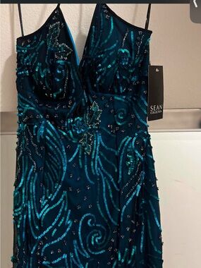 NWT Y2K Sean Collection Teal & Black Beaded Cocktail Gown is small